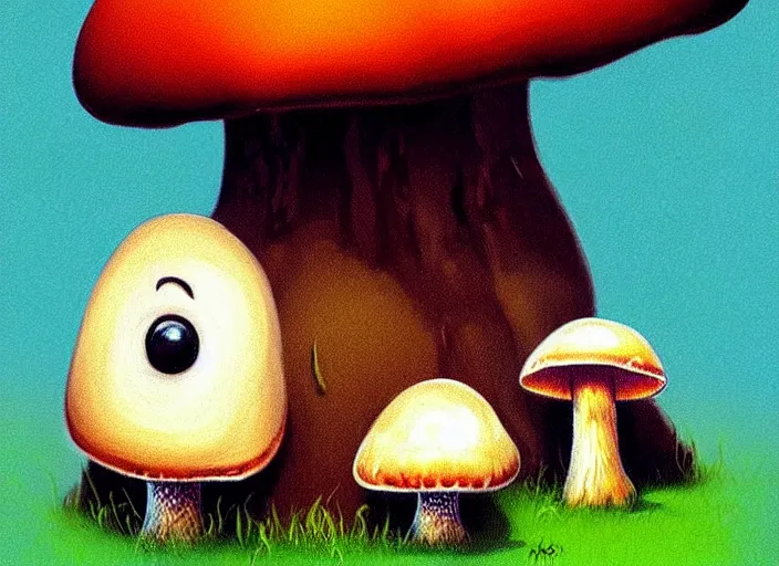 Image similar to a cute creature sitting next to a mushroom, digital art, fantasy, magic, chalk, trending on artstation, ultra detailed, professional illustration by basil gogos