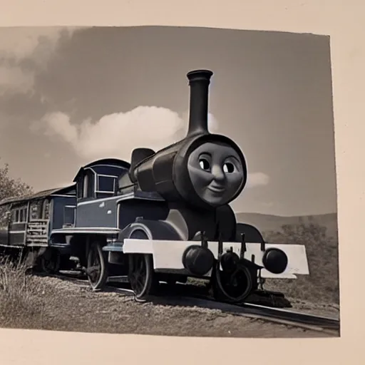 Image similar to an image of the historical train that inspired thomas the tank engine, worn photograph, 1 8 0 0's