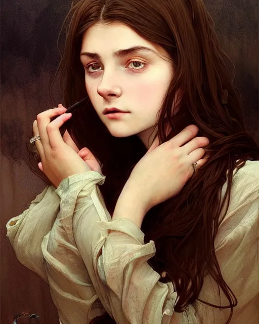 Image similar to portrait of a welsh teenage girl with brown hair, dark brown eyes, glowing skin, delicate features, quiet beauty, amelie poulain, fantasy, intricate, elegant, dress shirt, highly detailed, digital painting, artstation, concept art, smooth, sharp focus, illustration, art by Krenz Cushart and Artem Demura and alphonse mucha