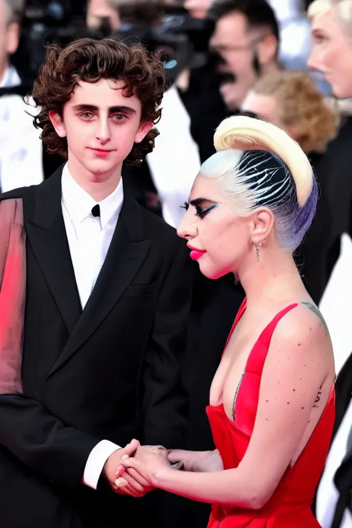 Prompt: timothee chalamet and lady gaga holding hands on the red carpet, beautiful detailed faces, high resolution, 4 k 8 k