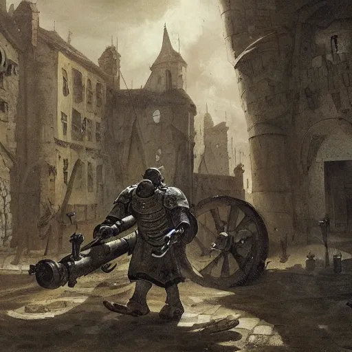 Prompt: a huge four legged creature with a cannon for a head, men in uniforms operate cannon, the creature is walking through the streets of a medieval city, illustration, rpg, hubert robert, dying earth, body horror