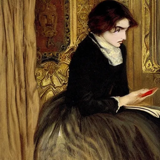 Prompt: scared young victorian lady reading a horror book with an occult symbol on the cover, painted by alfred stevens