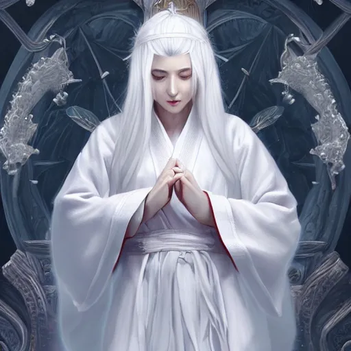 Prompt: white haired lady, white daoist robes, digital painting, highly detailed, full body, d&d, artstation, by sophie anderson
