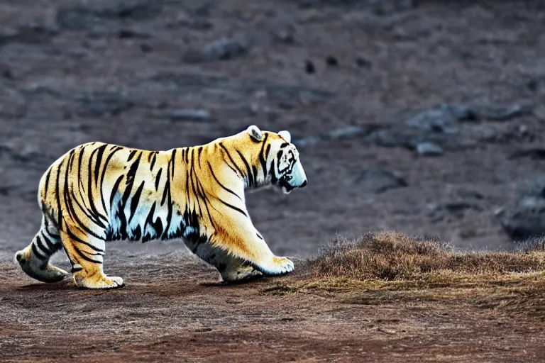 Image similar to a tiger polar bear!!! hybrid! hyper realistic!! realistic lighting!! wildlife photographer of the year!!! bold natural colors, national geographic, hd, wide angle, 8 k