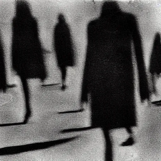 Image similar to dark abstract noisy blurry black and white disturbing old photograph full of mysterious black silhouettes, tim burton