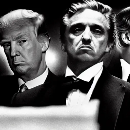 Image similar to donald trump as the godfather. godfather movie. mafia. dark. evil.