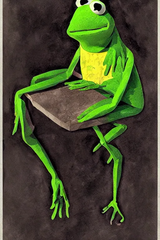 Image similar to solemn portrait of Kermit the frog by Dave McKean