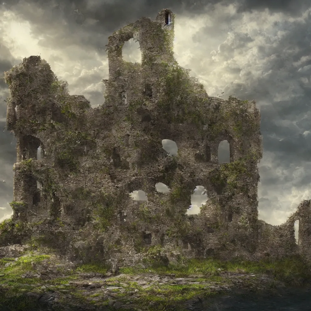 Image similar to looking up at a ruined castle on a small island only reachable by a small land bridge, 8 k, ultra realistic cinematic, intricate, cinematic light, concept art, illustration, art station