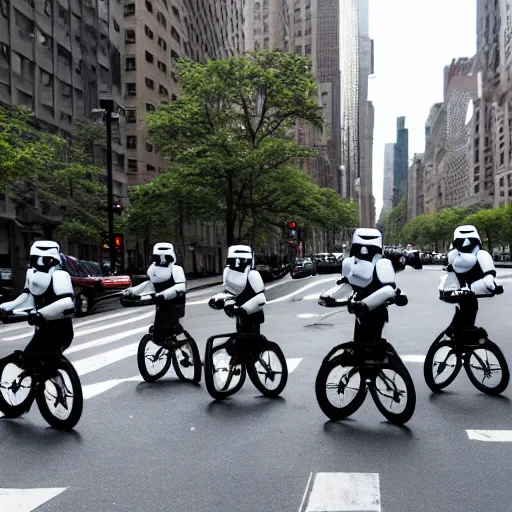 Prompt: several stormtroopers riding unicycles on Park Ave in New York City, 4k photography