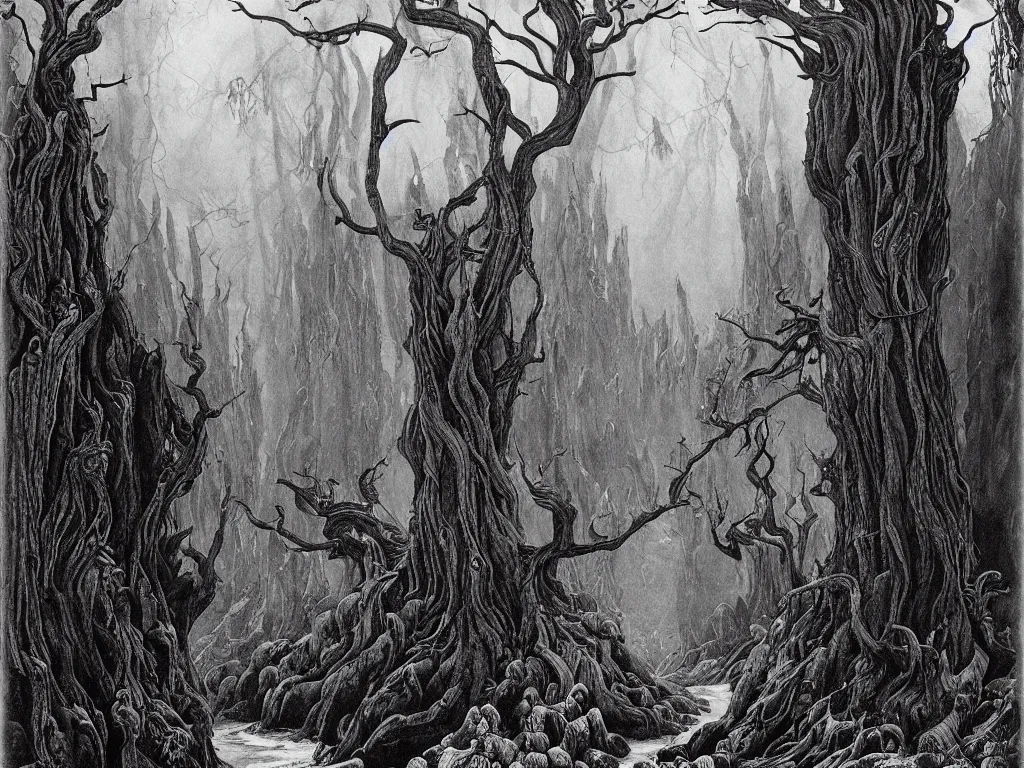 Image similar to ancient forest, artstation, by aubrey beardsley, by caspar david friedrich, by laurie lipton, by kay nielsen, by ivan shishkin, calligraphy, divine, spiritual, paradox, mysterious!, atmospheric, surreal, terrifying, witchcraft!, hope, mountains! background