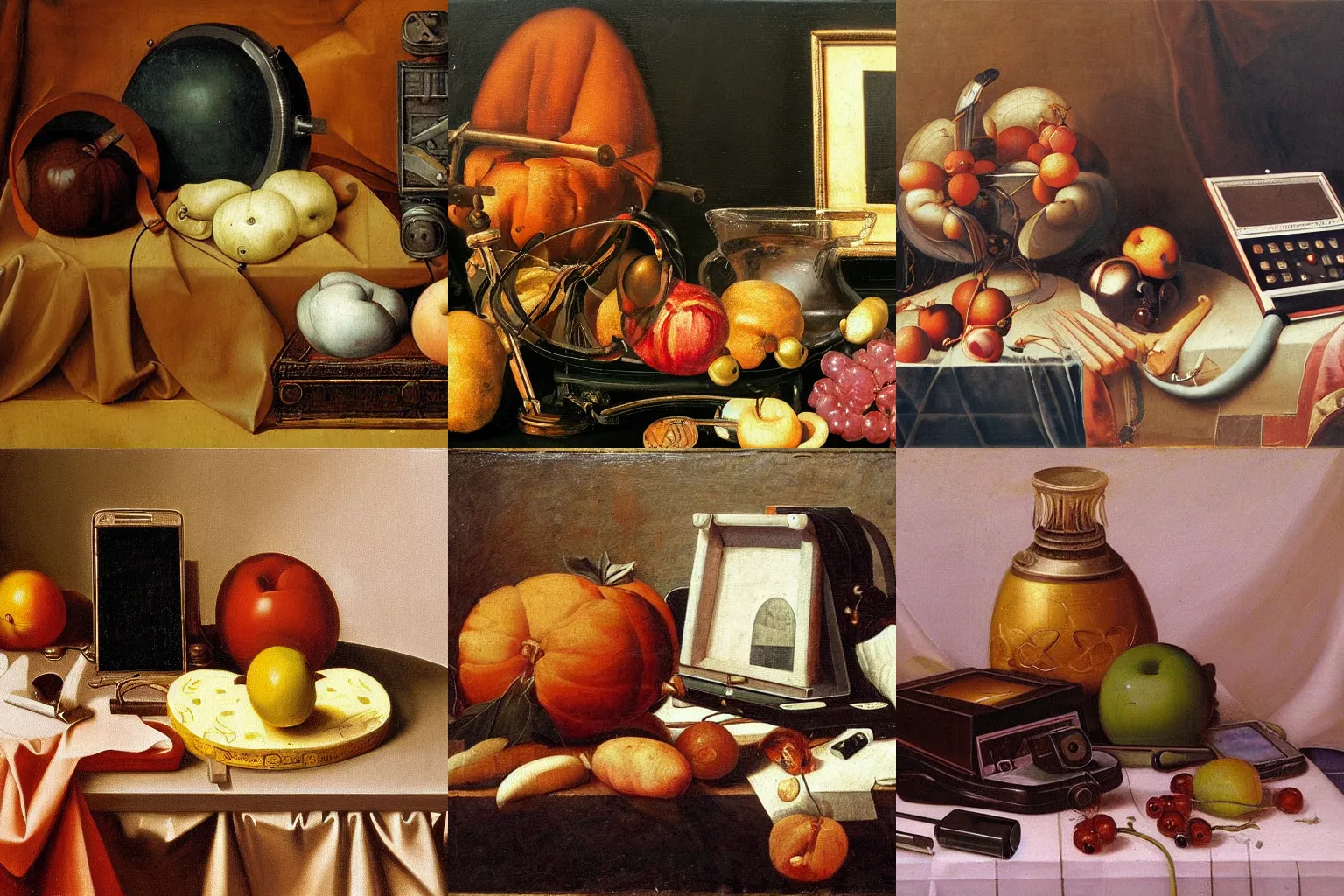 Prompt: Still life Renaissance oil painting with modern gadgets