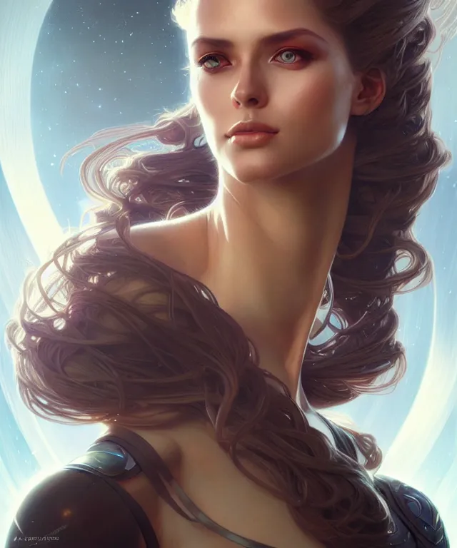 Image similar to futuristic woman portrait, sci-fi, amber eyes, face, long hair, fantasy, intricate, elegant, highly detailed, digital painting, artstation, concept art, smooth, sharp focus, illustration, art by artgerm and greg rutkowski and alphonse mucha