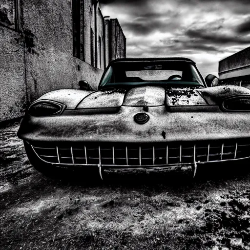 Image similar to black and white press photograph of a rusted abandoned chevrolet corvette 2 0 2 2 on an empty abandoned city street, full view, detailed, natural light, mist, film grain, soft vignette, sigma 5 0 mm f / 1. 4 1 / 1 0 sec shutter, imax 7 0 mm footage