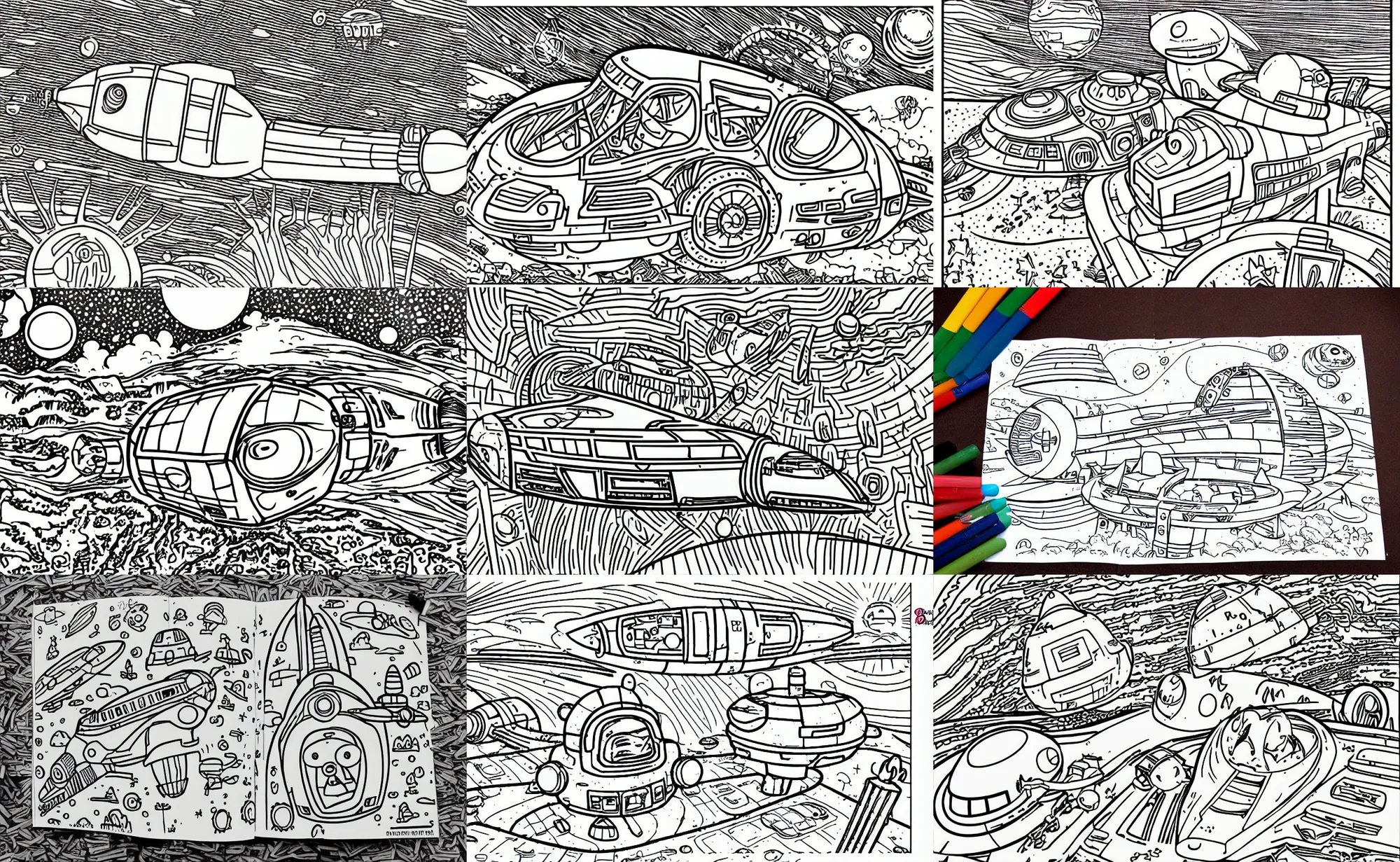 Prompt: simple coloring book for kids, retro spaceship crash landed on an alien landscape