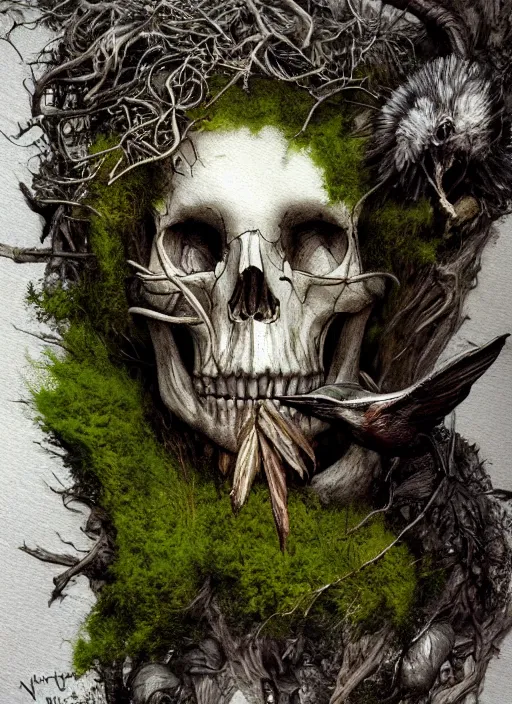 Prompt: portrait, bird skull, moss, driftwood, witches, watercolor, dramatic lighting, cinematic, establishing shot, extremely high detail, foto realistic, cinematic lighting, pen and ink, intricate line drawings, by Yoshitaka Amano, Ruan Jia, Kentaro Miura, Artgerm, post processed, concept art, artstation, matte painting, style by eddie mendoza, raphael lacoste, alex ross