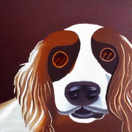 Prompt: painting of a brown and white spaniel at a smokey bar with a Martini, fine art, dots, brush marks, light effect