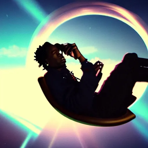 Image similar to Travis Scott sitting on a chair floating over Earth, 4k, Aubrey Powell, vintage photo, lens flare, beautiful cinematography, surreal, film grain