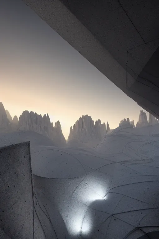 Image similar to sci - fi concrete brutalist architecture in the italian dolomites, snowfall, rutkowski, zaha hadid, beksinski, oil painting, photoreal, highly detailed, 8 k, hd, vray, artstation, cinematic matte painting, soft pastl sunset, extreme detail photo quality, dark moody colors, featured on behance