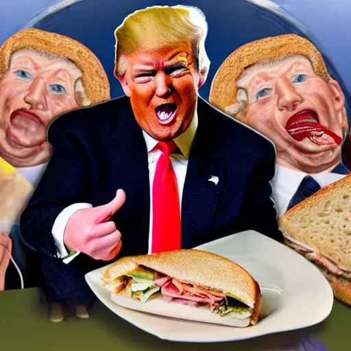 Image similar to donald trump eating a sandwich made with a picture of hilary clinton. he's reading a book of poetry written by a terrorist.
