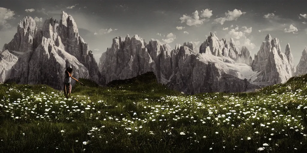 Prompt: old alpine famers head being overgrown by edelweiss, dolomites in background, dark, eerie, despair, portrait photography, artstation, digital art, adward winning, concept art, artstation, highly detailed, sharp focus, by caravaggio