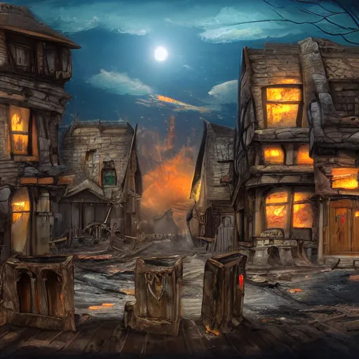 Image similar to fantasy town, barricaded! streets, night watch, ( ( ruins ) )