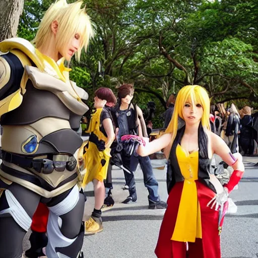Image similar to a final fantasy 10 rikku cosplayer. real photo. a crowd of anime fans is in the background.
