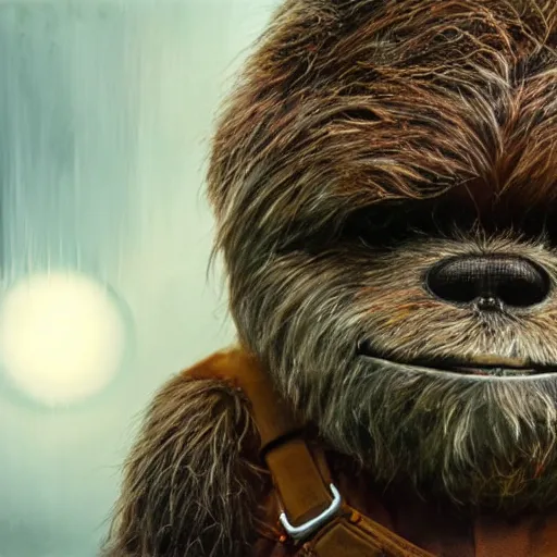 Image similar to hyperrealistic mixed media image of matt damon disguised as an ewok, stunning 3 d render inspired art by istvan sandorfi and greg rutkowski, perfect facial symmetry, realistic, highly detailed attributes and atmosphere, dim volumetric cinematic lighting, 8 k octane extremely hyper - detailed render, post - processing, masterpiece,