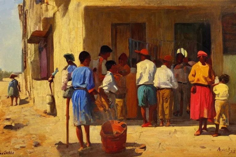 Image similar to Casimiroid native binding tools, genre painting (everyday life by portraying ordinary people), morning light, Archaic cuba, artstation, oil on canvas, by Albert Aublet, Private Collection