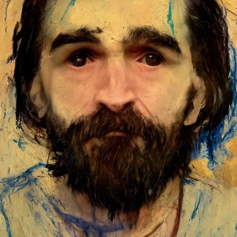 Prompt: Beautiful warmly lit close up studio portrait of young teenage Charles Manson sweetly smiling, impasto oil painting heavy brushstrokes by Cy Twombly and Anselm Kiefer , trending on artstation dramatic lighting abstract Expressionism