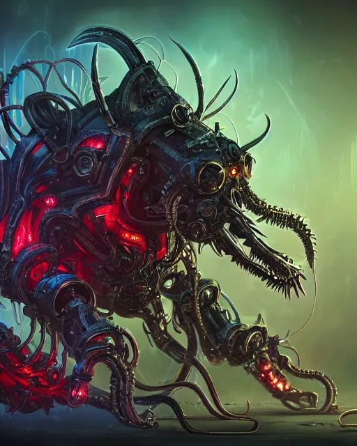 Prompt: a cybernetic demon with massive metallic fangs surrounded by horrific tendrils and cables fused with metal panels, evil color scheme, dark fantasy, cinematic lighting, smooth,, digital painting, diablo concept art, blizzard studios, trending on artstation, concept art