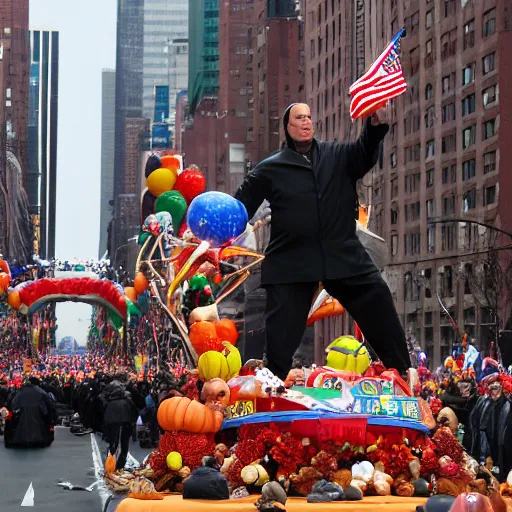 Prompt: Steven Seagal parade float, balloon, Thanksgiving parade, New York City