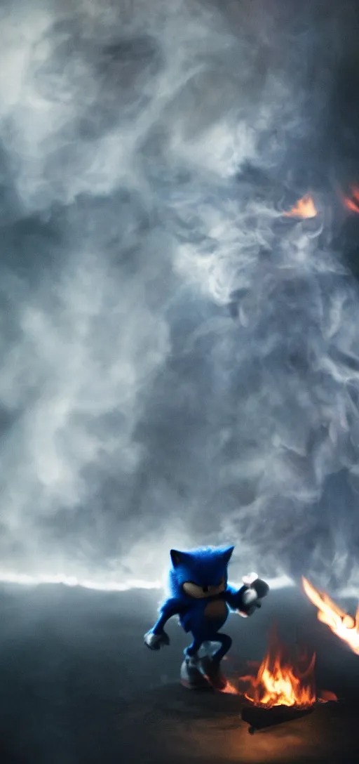 Image similar to Dark gray and blue smoke in the shape of Sonic the hedgehog, coming from a burning SEGA dreamcast. Dramatic shot, cinematic, epic lighting, low angle medium shot, 35mm