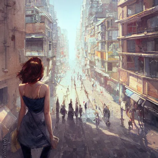 Image similar to woman, city, looking down, street top view, by wlop, artgerm, greg rutkowski