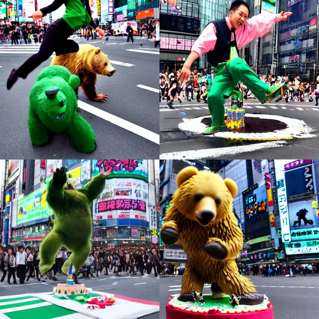 Prompt: photo of Chie Satonaka drop kicking a grizzly bear over a giant birthday cake in Shibuya crossing