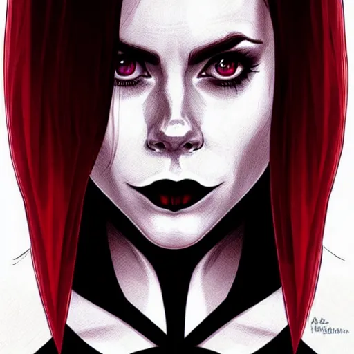 Prompt: vampire : : rafeal albuquerque comic art, artgerm : : gorgeous amy adams : : sharp teeth : : symmetrical face, symmetrical eyes : : gorgeous red hair : : magic lighting : :