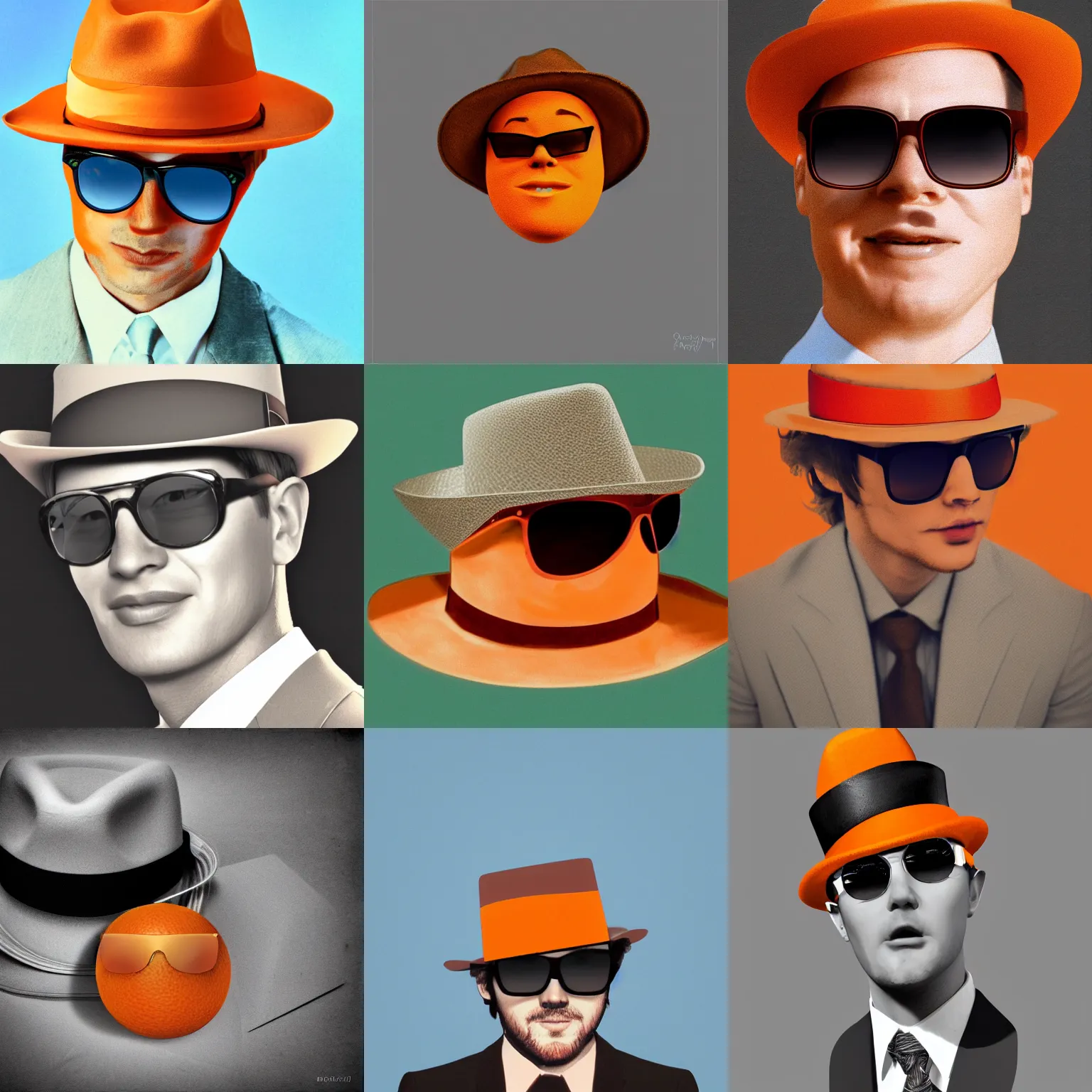 Prompt: an orange wearing a fedora and sunglasses in the 1970's, realistic photo, digital art