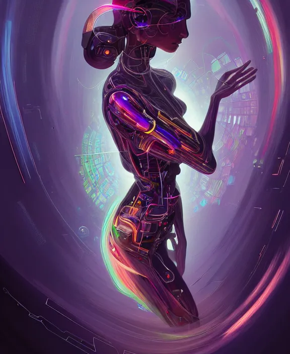 Image similar to a whirlwind of souls rushing inside the metaverse, hologram, half body, neurochip, shaved temple, piercing, jewelry, android, cyborg, cyberpunk face, by loish, d & d, fantasy, intricate, elegant, highly detailed, colorful, digital painting, artstation, concept art, art by artgerm and greg rutkowski and alphonse mucha