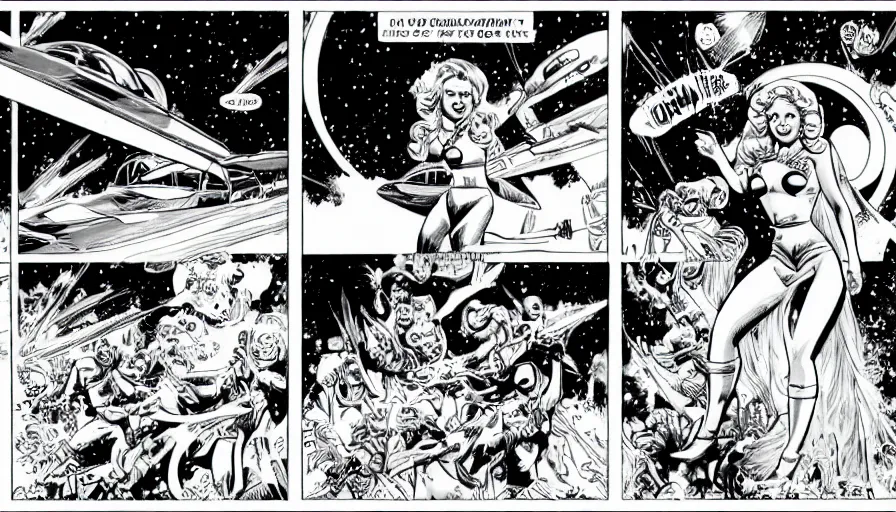 Prompt: comic page, multiple panels, kylie minogue as barbarella, piloting her starship. retro control panel. drawn by pablo marcos. b & w. black and white.