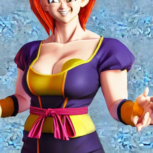 Image similar to christina hendricks as dragon ball z characters, 3 d render, blender,