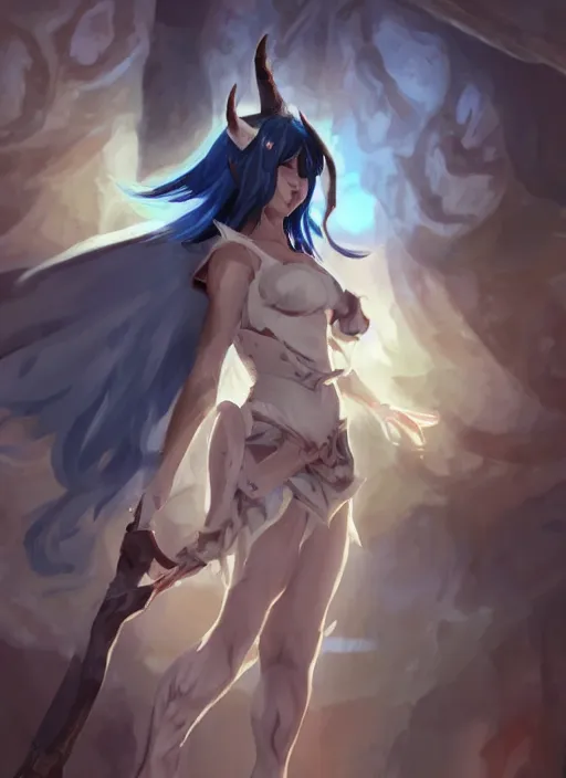 Image similar to concept art painting of a woman with brown skin and short white hair, demon horns, elf ears, full clothing, blue clothes, robes, detailed, cel shaded, in the style of ruan jia and artgerm and makoto shinkai and james gurney