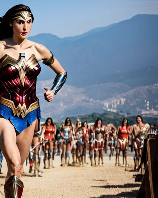 Image similar to gal gadot as wonder woman, at the 2 0 0 - meter starting line, ancient greek olympic trials, mount olympus can be seen off in the distance, sports photography in the style of neil leifer, no dof