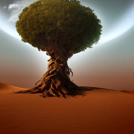 Prompt: world tree in the middle of an empty desert, trending on artstation, cinematic composition, detailed, hd, digital art, majestic