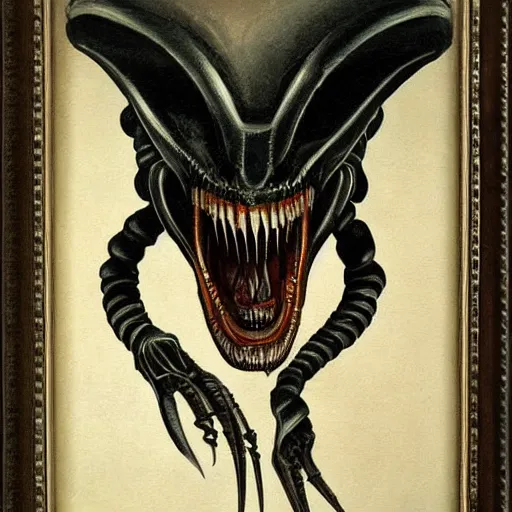 Image similar to gothic painting of a xenomorph, epic detail, stunning, grand, sharp focus,