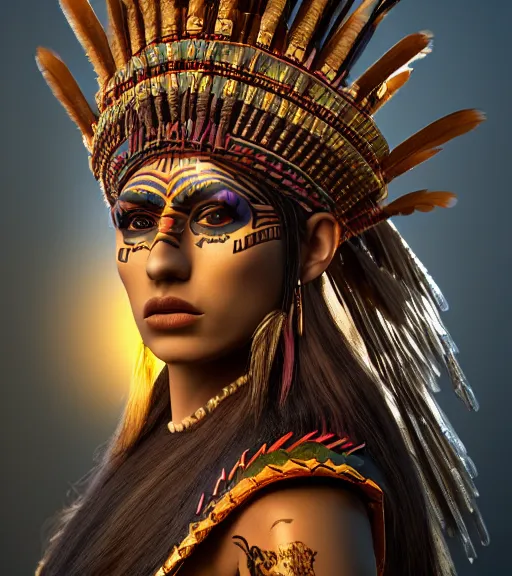 Image similar to character design, aztec warrior goddess with beautiful woman face, crown of very long feathers, full body, glowing aztec tattoos, beautiful, dark fantasy, super - resolution, ultra - hd, 1 0 8 0 p, vray