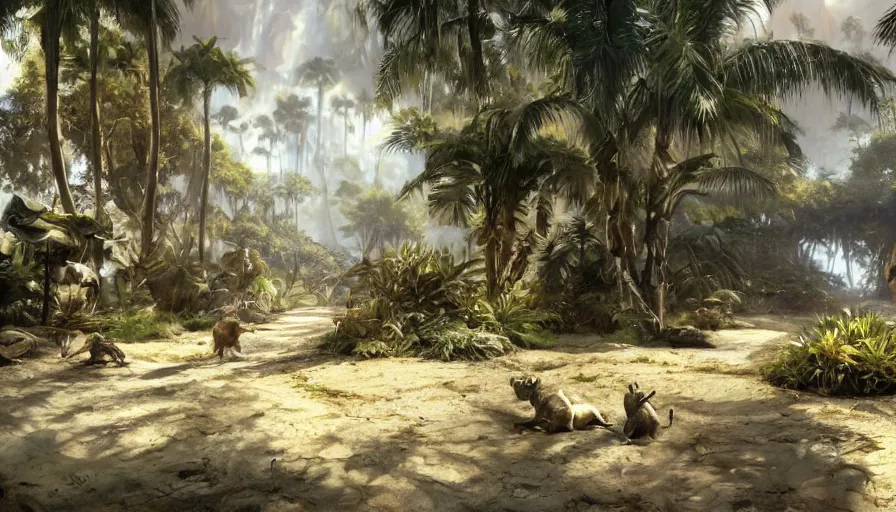 Prompt: craig mullins, frank frazetta art, science fiction landscape, jungle animals and palm trees, water, unreal engine, hyper realism, realistic shading, realistic render, octane render, detailed textures, photorealistic, wide shot