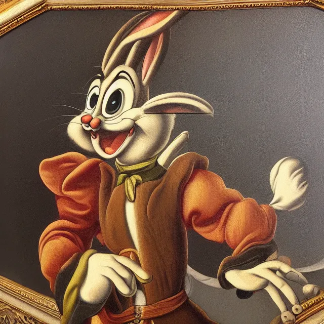 Prompt: renaissance oil painting of bugs bunny, intricately detailed golden frame