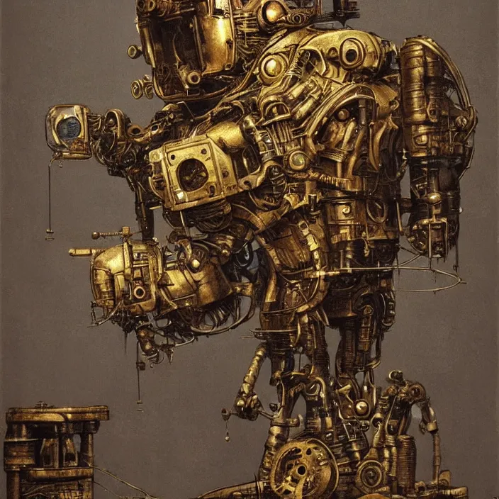 Prompt: a brass dieselpunk robocop, clockwork machinery, head and chest only, by beksinski, 8 k deviantart, trending on artstation