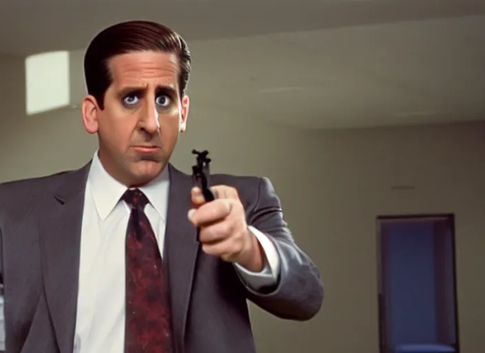 Image similar to film still of michael scott aiming a pistol, 8 k,