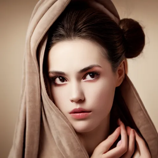 Image similar to a beautiful woman in a long robe, medium shot, detailed eyes,