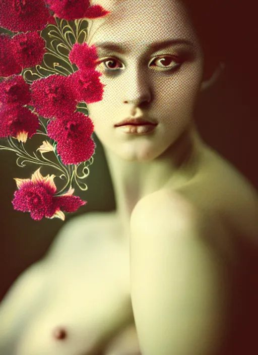 Prompt: kodak portra 4 0 0 double exposure portrait of a beautiful woman in style of antoine d'agata, dressed an ornamental intricate detailed flowers, 1 5 0 mm lens, elegant, highly detailed, sharp focus,, octane render, ethereal, out worldly colours, emotionally evoking, head in focus, soft blur light dreamy, volumetric lighting unreal engine, epic fantasy